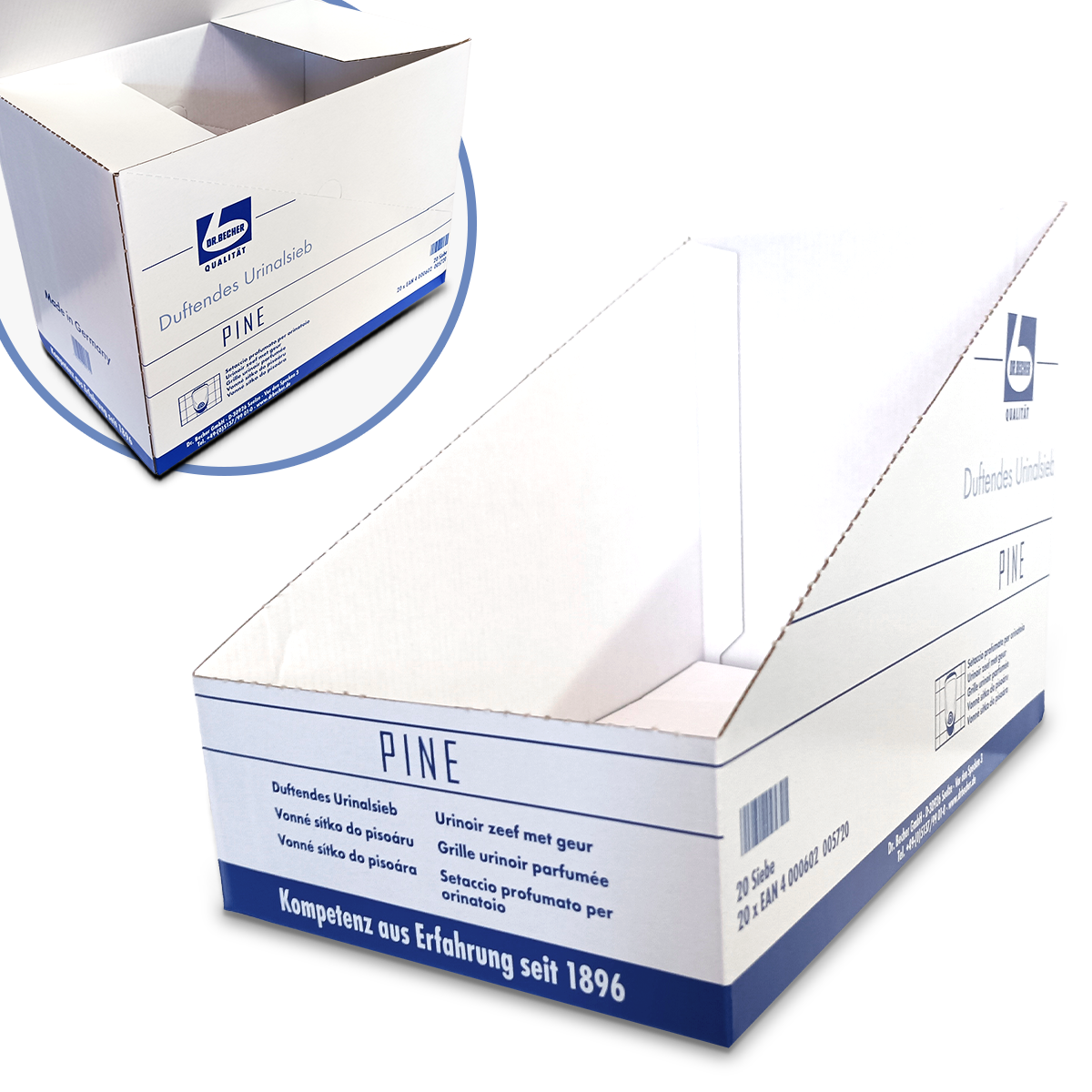 Fotografie der Versandeinheit, aus der ein Thekendisplay herausgetrennt wurde