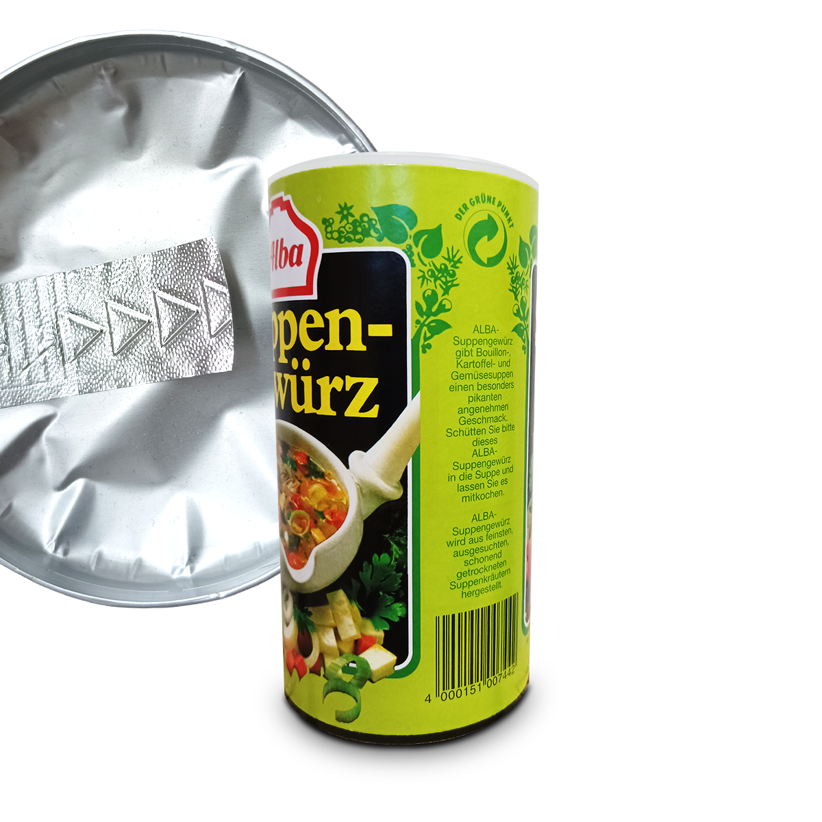 Fotografie einer braunen Dose für Suppenwürz