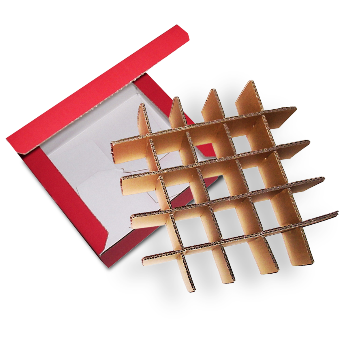 Fotografie einer offenen Verpackung mit aufliegenden Steggefache